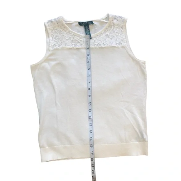 Lauren Ralph Lauren White Lace Trim Sleeveless Top Size Medium - Picture 7 of 9